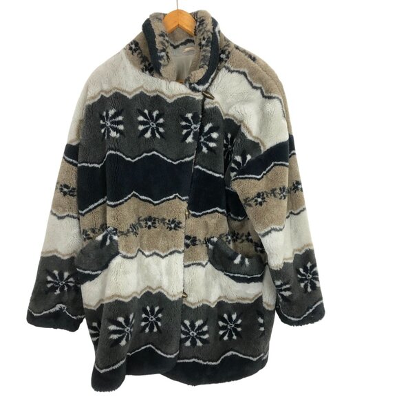 Skila Jackets & Blazers - Vtg Skila Finland Faux Fur Coat 10 Nordic Floral Pattern Toggles Plush Neutral